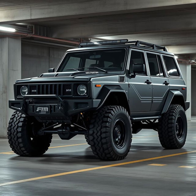 A retro cyberpunk four-seat SUV situated in an underground parking garage, shot from a 45-degree angle front view