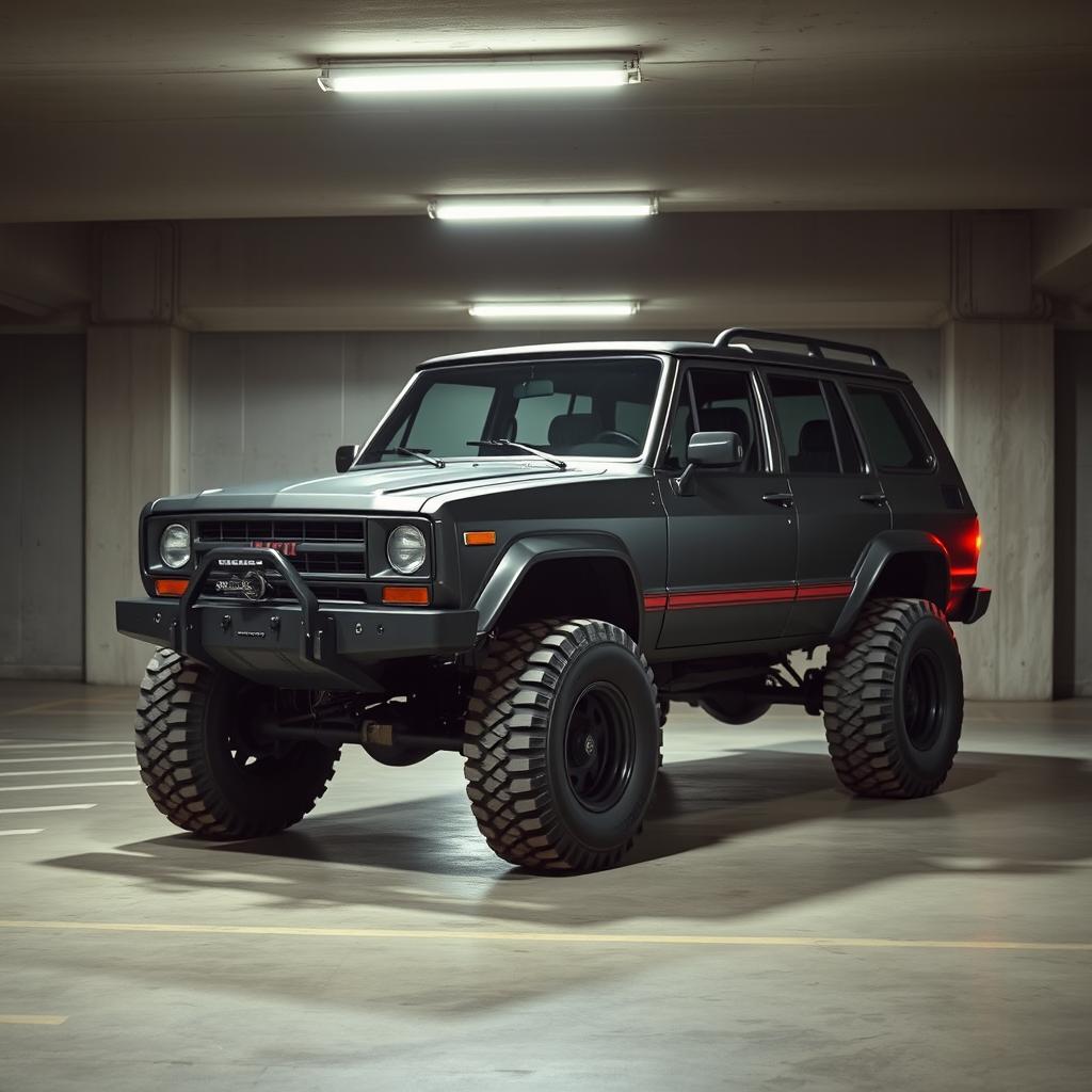 A retro cyberpunk four-seat SUV situated in an underground parking garage, shot from a 45-degree angle front view