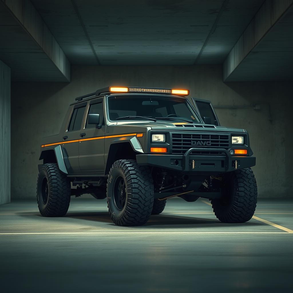 A retro cyberpunk four-seat SUV parked in an underground parking garage, viewed from a 45-degree angle front perspective