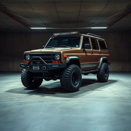 A retro cyberpunk four-seat SUV parked in an underground parking garage, viewed from a 45-degree angle front perspective