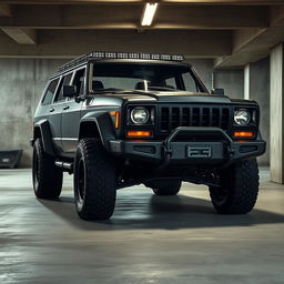 A retro cyberpunk four-seat SUV parked in an underground parking garage, viewed from a 45-degree angle front perspective