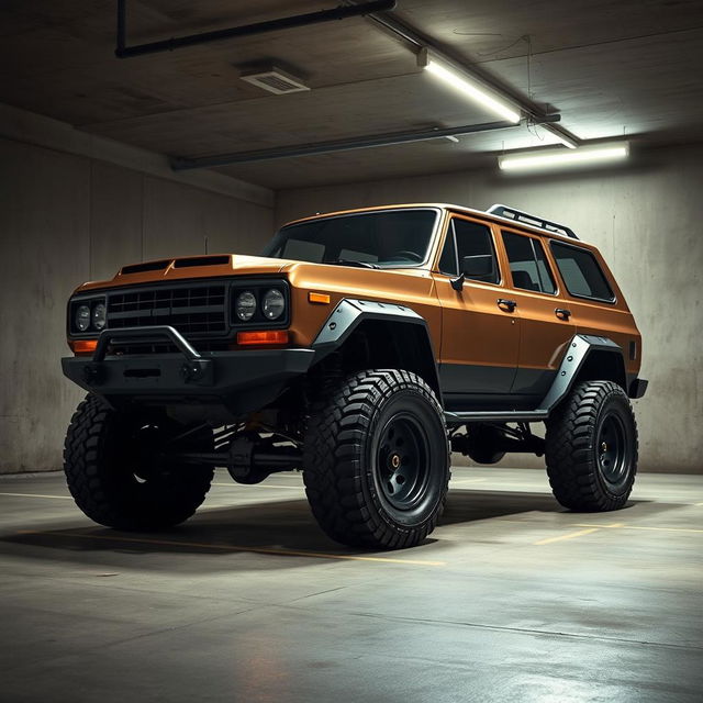 A retro cyberpunk four-seat SUV parked in an underground parking garage, viewed from a 45-degree angle front perspective