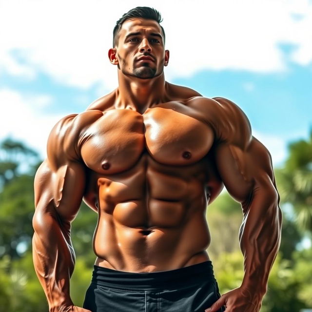 A muscular man showcasing a ripped six-pack, standing confidently in a dynamic pose