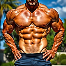 A muscular man showcasing a ripped six-pack, standing confidently in a dynamic pose