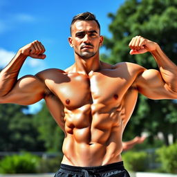 A muscular man showcasing a ripped six-pack, standing confidently in a dynamic pose