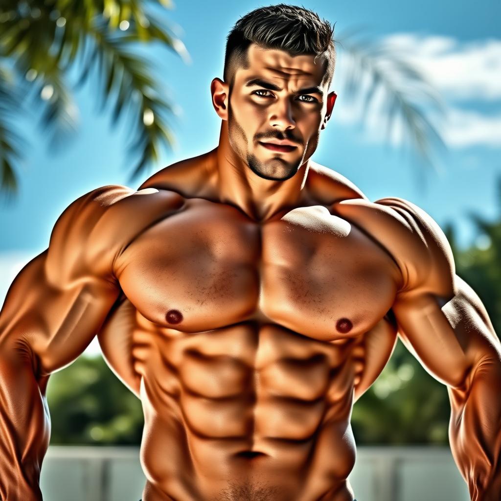 A muscular man showcasing a ripped six-pack, standing confidently in a dynamic pose