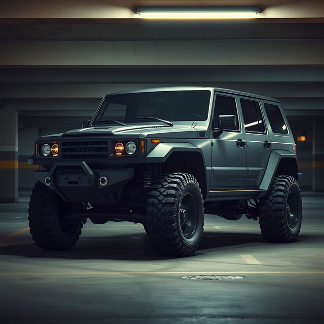 A retro cyberpunk four-seat SUV parked in an underground parking garage, viewed from a 45-degree angle front perspective