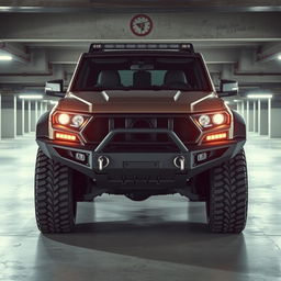 A retro cyberpunk four-seat SUV parked in an underground parking garage, viewed from a 45-degree angle front perspective