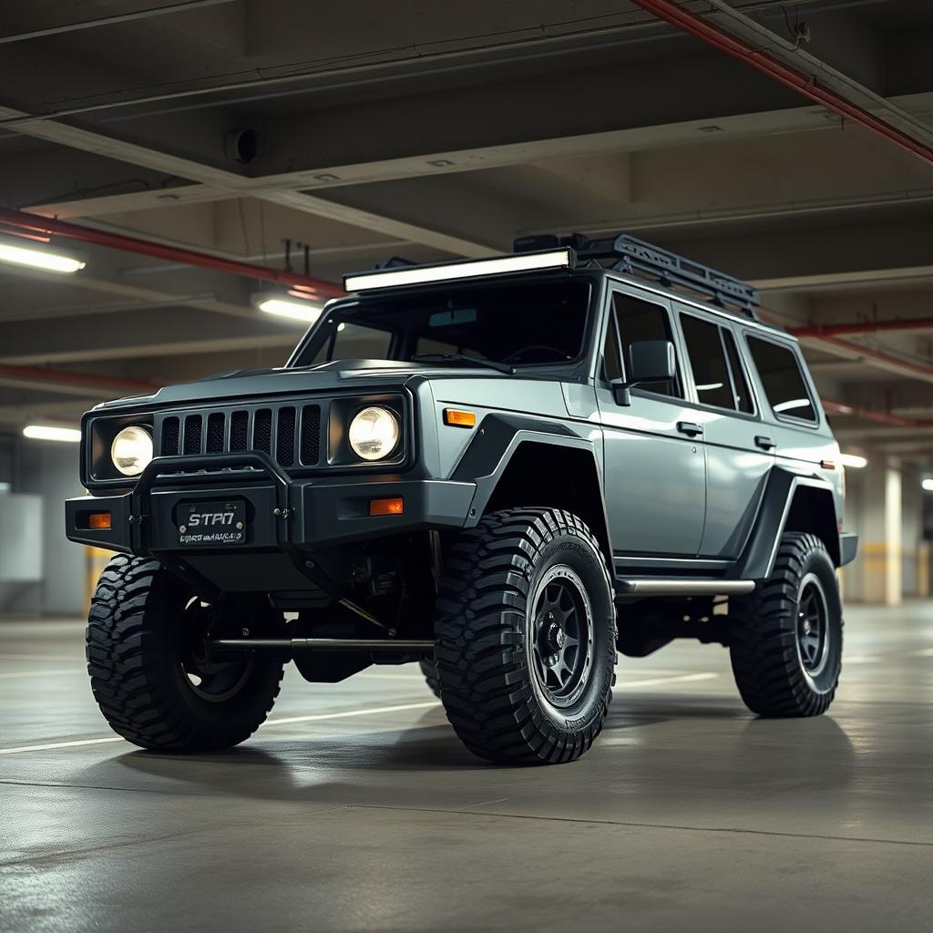 A retro cyberpunk four-seat SUV parked in an underground parking garage, viewed from a 45-degree angle front perspective