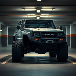 A retro cyberpunk four-seat SUV parked in an underground parking garage, viewed from a 45-degree angle front perspective