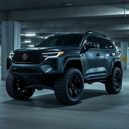A sleek cyberpunk four-seat SUV positioned in an underground parking garage, viewed from a 45-degree angle front perspective