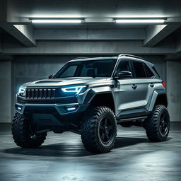 A sleek cyberpunk four-seat SUV positioned in an underground parking garage, viewed from a 45-degree angle front perspective