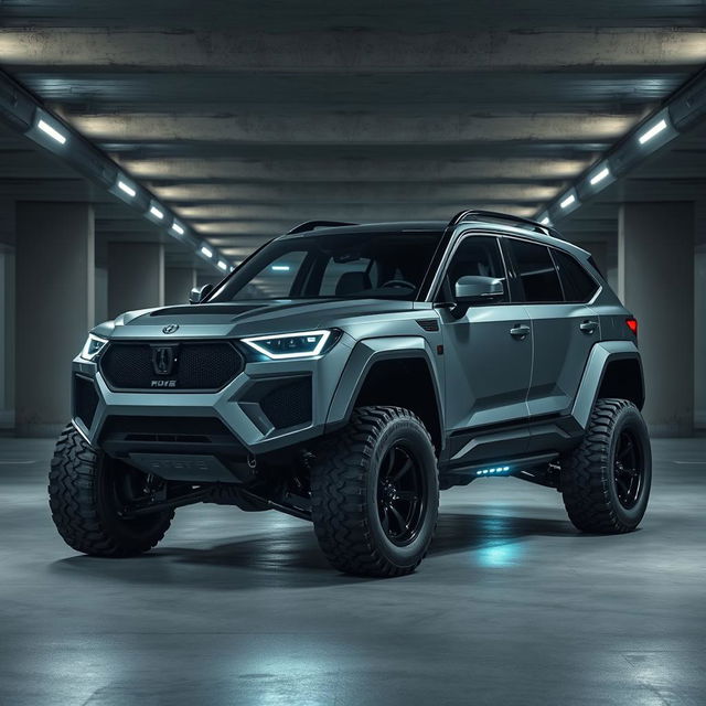 A sleek cyberpunk four-seat SUV positioned in an underground parking garage, viewed from a 45-degree angle front perspective