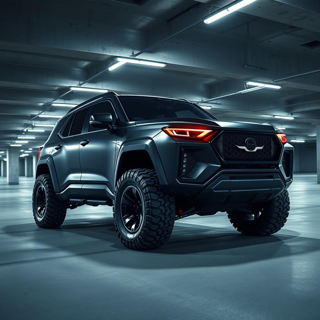 A sleek cyberpunk four-seat SUV positioned in an underground parking garage, viewed from a 45-degree angle front perspective