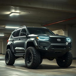A cyberpunk four-seat SUV parked in an underground parking garage, viewed from a 45-degree angle front perspective