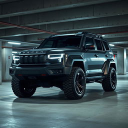A cyberpunk four-seat SUV parked in an underground parking garage, viewed from a 45-degree angle front perspective