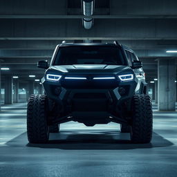 A cyberpunk four-seat SUV parked in an underground parking garage, viewed from a 45-degree angle front perspective