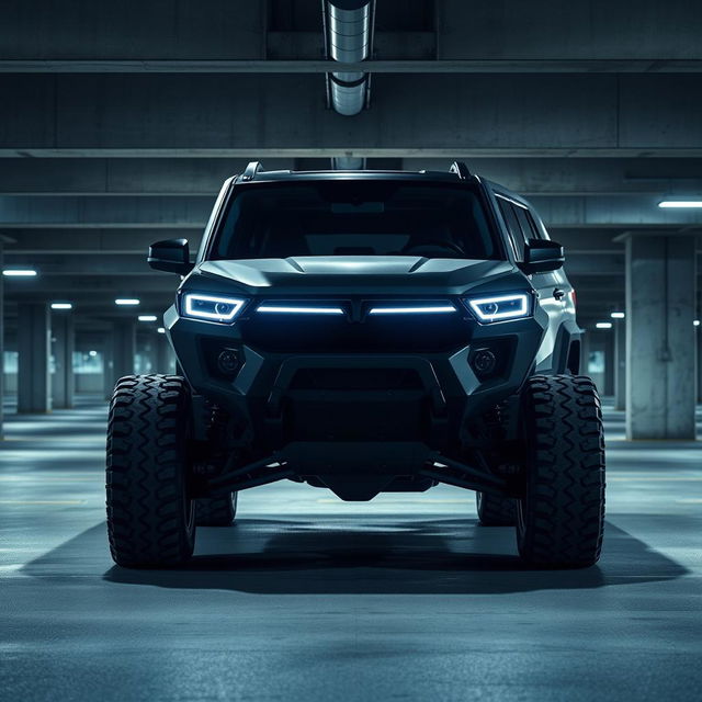 A cyberpunk four-seat SUV parked in an underground parking garage, viewed from a 45-degree angle front perspective