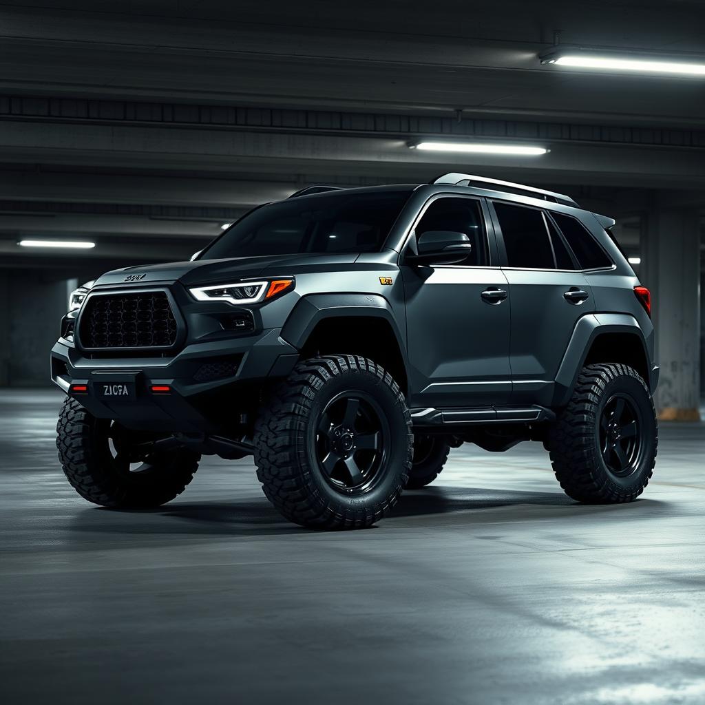 A cyberpunk four-seat SUV parked in an underground parking garage, viewed from a 45-degree angle front perspective