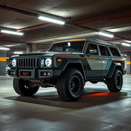 A cyberpunk four-seat retro SUV situated in an underground parking garage, depicted from a 45-degree angle front view