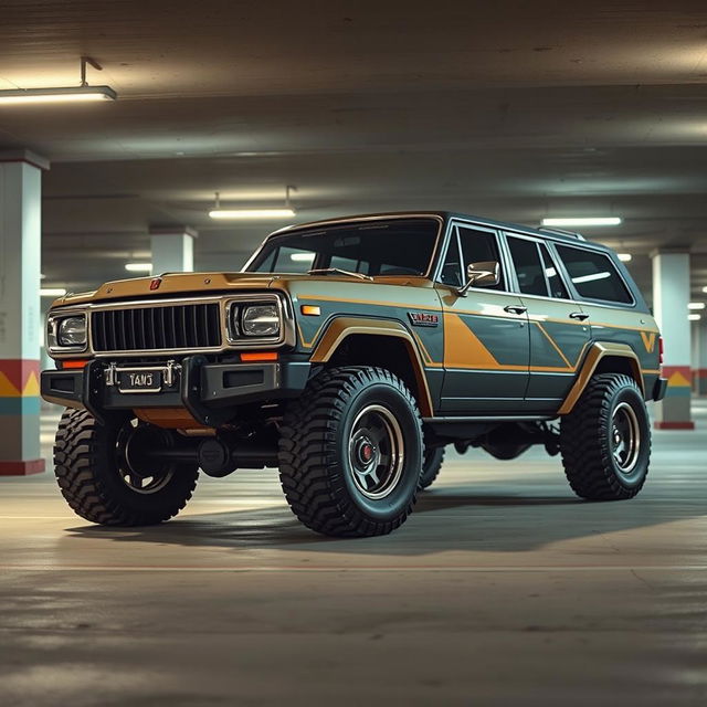 A cyberpunk four-seat retro SUV situated in an underground parking garage, depicted from a 45-degree angle front view