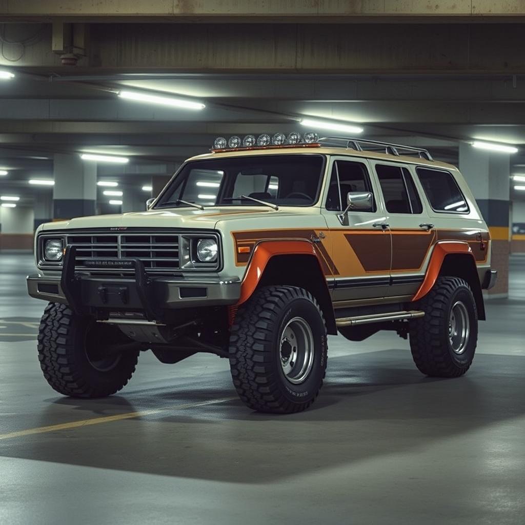 A cyberpunk four-seat retro SUV situated in an underground parking garage, depicted from a 45-degree angle front view