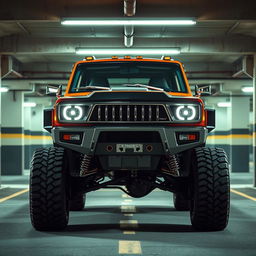 A cyberpunk four-seat retro SUV situated in an underground parking garage, depicted from a 45-degree angle front view