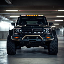 A cyberpunk four-seat retro SUV showcased in an underground parking garage, captured from a 45-degree angle front view