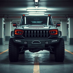 A cyberpunk four-seat retro SUV showcased in an underground parking garage, captured from a 45-degree angle front view