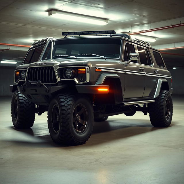 A cyberpunk four-seat retro SUV showcased in an underground parking garage, captured from a 45-degree angle front view