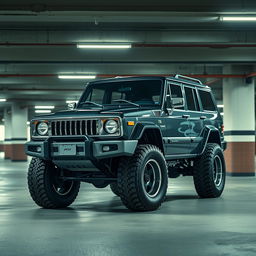 A cyberpunk four-seat retro SUV positioned in an underground parking garage, captured from a 45-degree angle front view