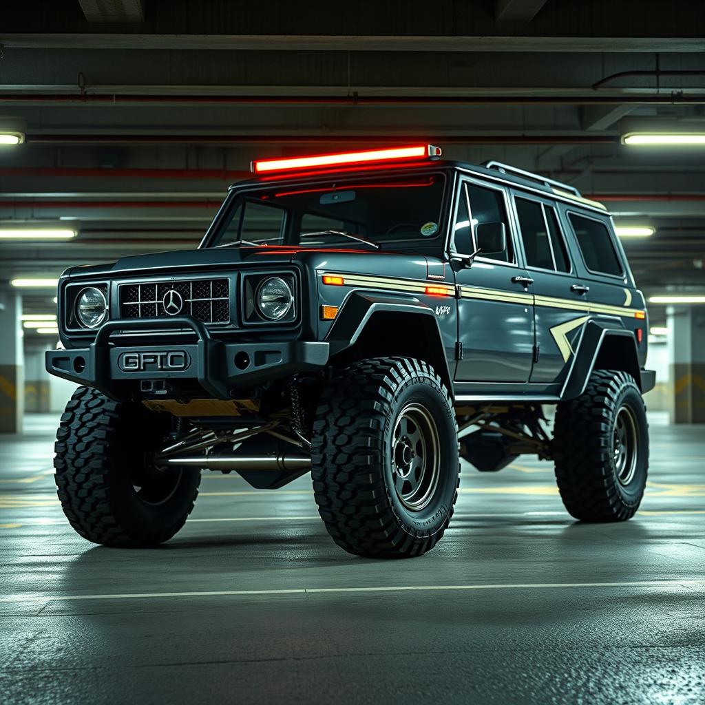 A cyberpunk four-seat retro SUV positioned in an underground parking garage, captured from a 45-degree angle front view