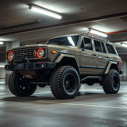 A cyberpunk four-seat retro SUV positioned in an underground parking garage, captured from a 45-degree angle front view