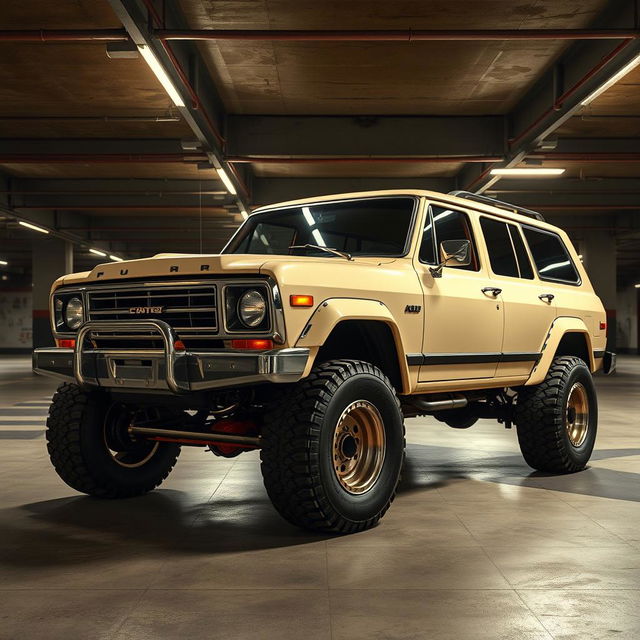 A cyberpunk four-seat retro SUV positioned in an underground parking garage, captured from a 45-degree angle front view