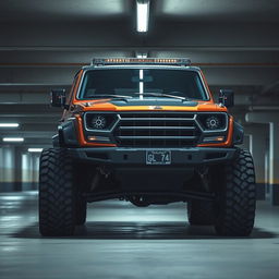 A cyberpunk four-seat retro SUV positioned in an underground parking structure, captured from a 45-degree angle front view