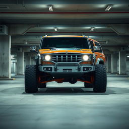 A cyberpunk four-seat retro SUV positioned in an underground parking structure, captured from a 45-degree angle front view