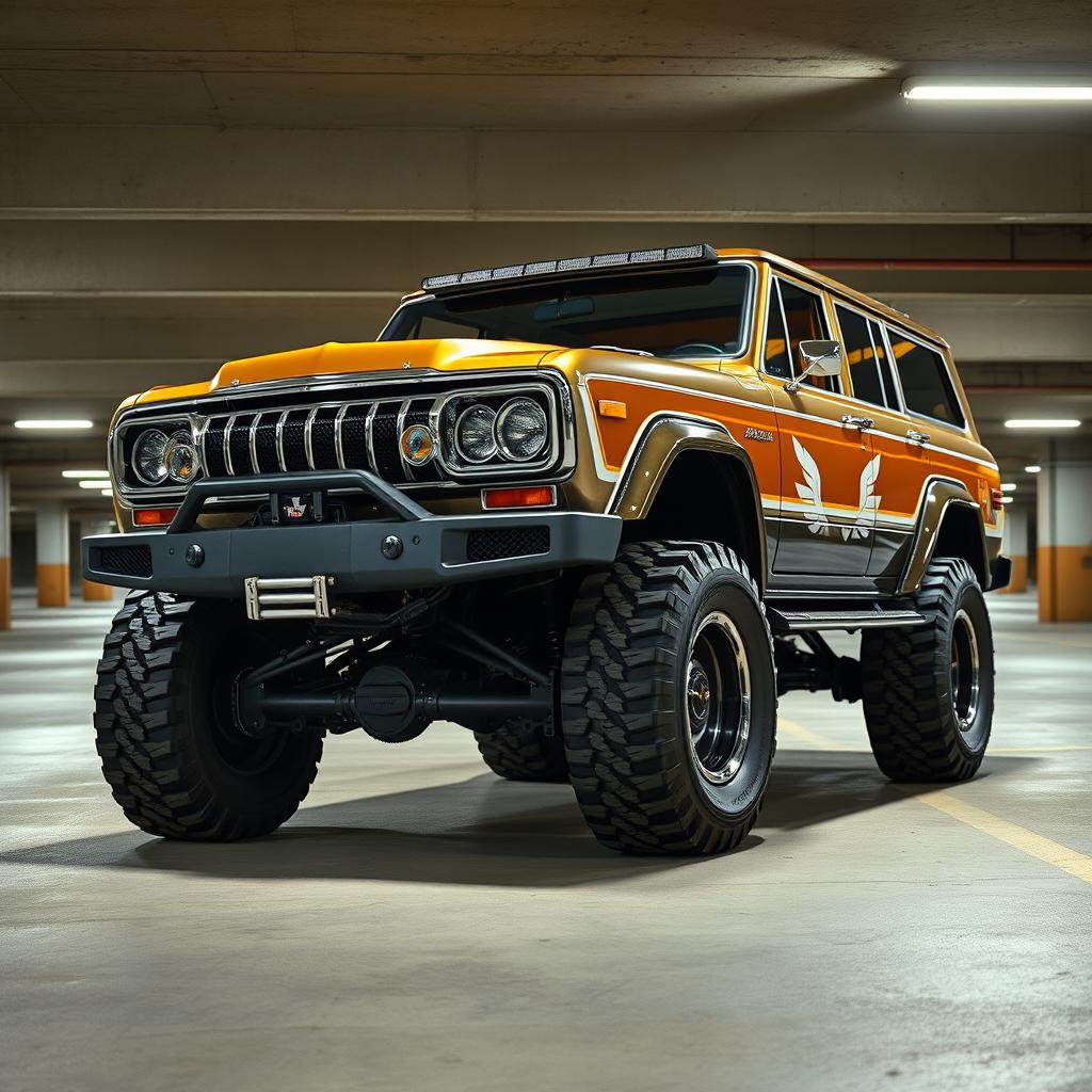 A cyberpunk four-seat retro SUV positioned in an underground parking structure, captured from a 45-degree angle front view