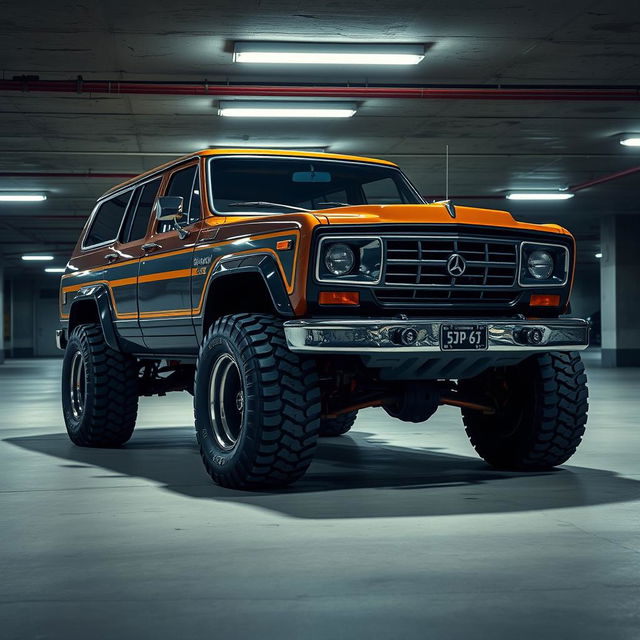 A cyberpunk four-seat retro SUV positioned in an underground parking structure, captured from a 45-degree angle front view