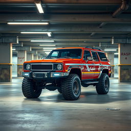 A cyberpunk four-seat retro SUV situated in an underground parking lot, depicted from a 45-degree angle front view