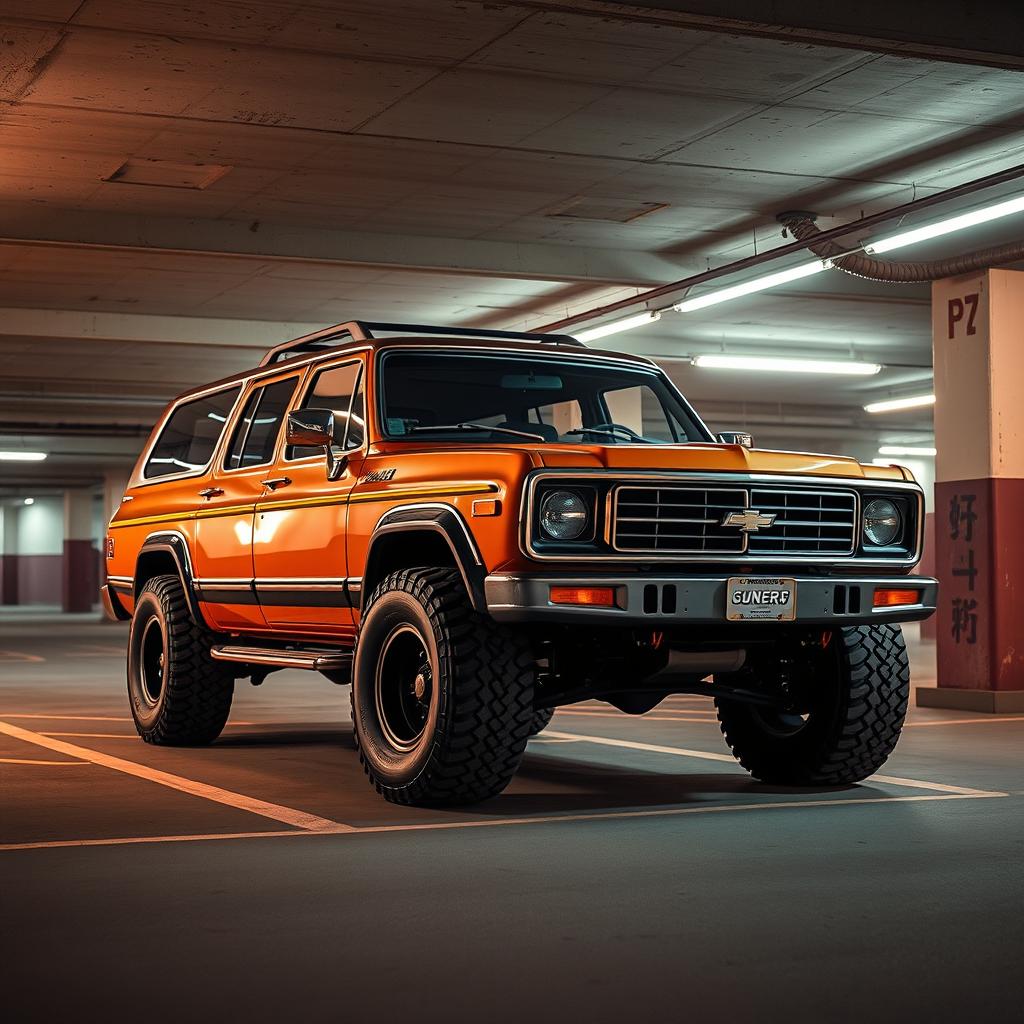 A cyberpunk four-seat retro SUV situated in an underground parking lot, depicted from a 45-degree angle front view