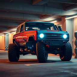 A cyberpunk four-seat retro SUV situated in an underground parking lot, depicted from a 45-degree angle front view