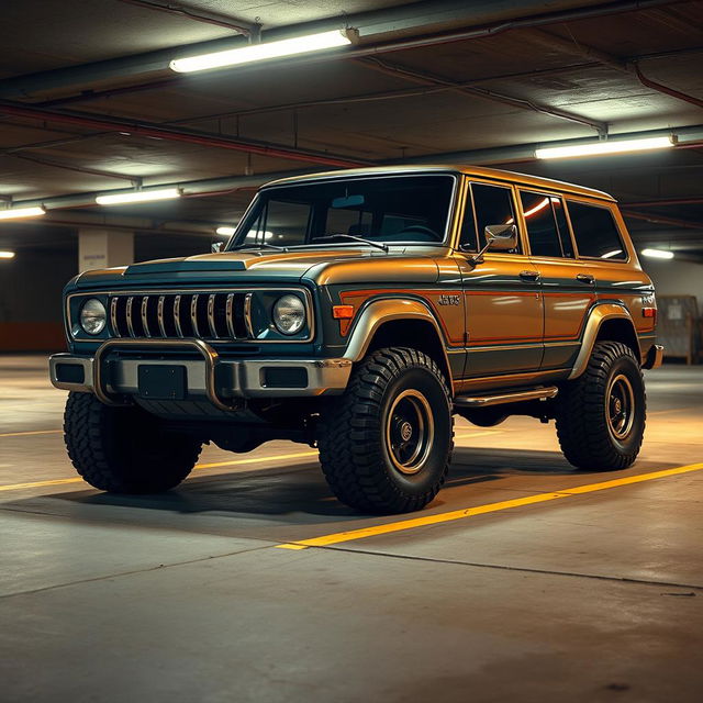 A cyberpunk four-seat retro SUV situated in an underground parking lot, depicted from a 45-degree angle front view