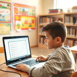 A bright and inviting classroom setting with a young boy intently participating in an online class