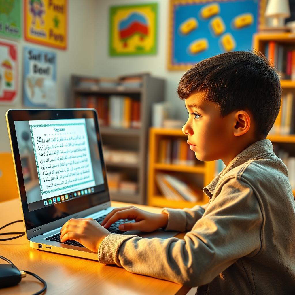 A bright and inviting classroom setting with a young boy intently participating in an online class