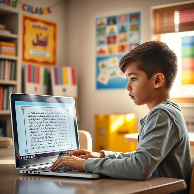 A bright and inviting classroom setting with a young boy intently participating in an online class