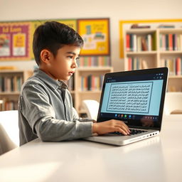 A bright and inviting classroom setting with a young boy intently participating in an online class