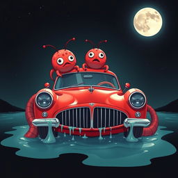 A striking digital illustration of a vintage red car featuring a sleek design and prominent large front grille