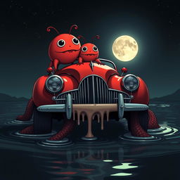 A striking digital illustration of a vintage red car featuring a sleek design and prominent large front grille