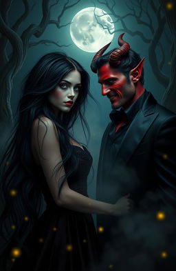 A captivating dark romance scene showcasing a beautiful, mysterious woman with long, flowing black hair and piercing green eyes, standing in an ethereal moonlit forest