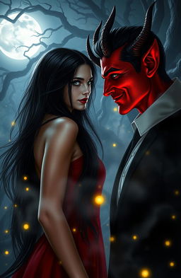A captivating dark romance scene showcasing a beautiful, mysterious woman with long, flowing black hair and piercing green eyes, standing in an ethereal moonlit forest